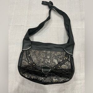 VTG Brettons Black Tooled Leather Shoulder Bag Textured Knot